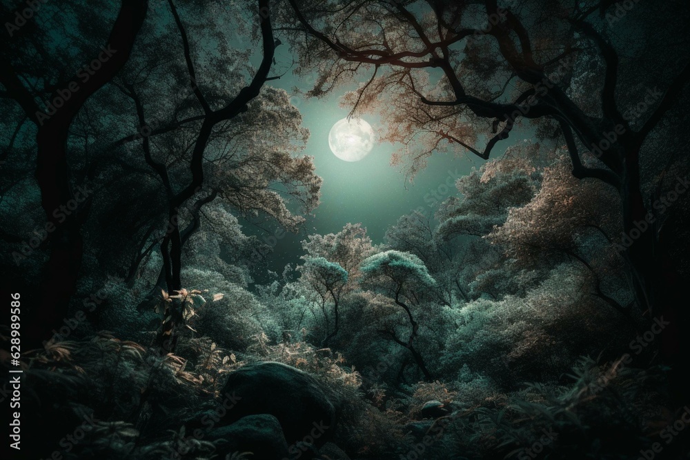 Full moon illuminating enchanted forest in a magical wallpaper design. Generative AI