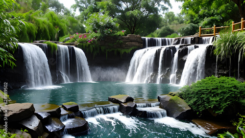 Scenic waterfall landscape in the park spring summer by green foliage of plants