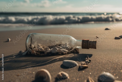 A beach scene with a message in a bottle washed ashore. Generative AI
