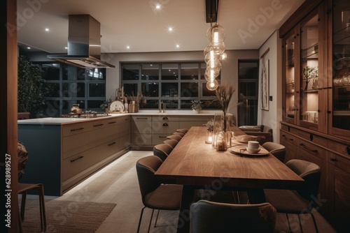 Chic bifold doors in evening w downlights expose classy kitchen-diner interior. Generative AI