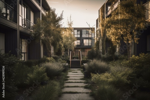 Contemporary housing in a lush neighborhood. Generative AI