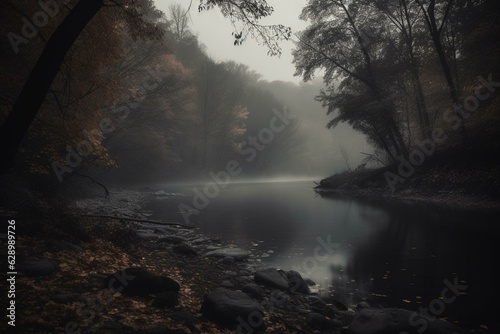 Eerie monochrome view of misty nocturnal autumn forest and river. Generative AI