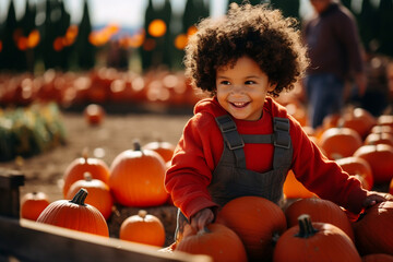 mixed race boy child at pumpkin patch farm 