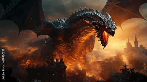 giant dragon in a black night apocalipse background. Generative Ai