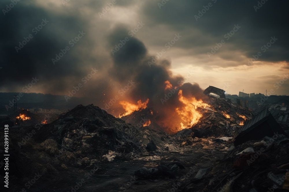 Inferno on landfill site engulfing trash heaps. Generative AI
