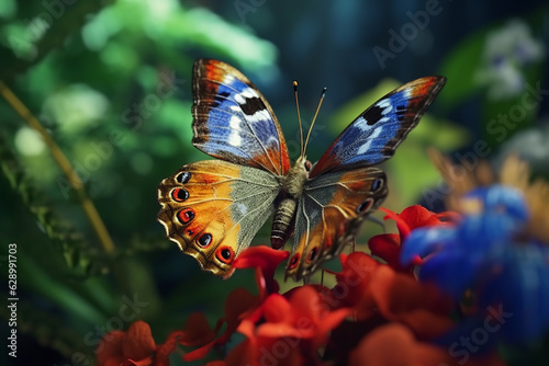 beautiful color butterfly in an exotic forest. colorful tropical background. bright butterfly on green fern leaves. Generative AI