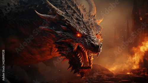 giant dragon in a black night apocalipse background. Generative Ai