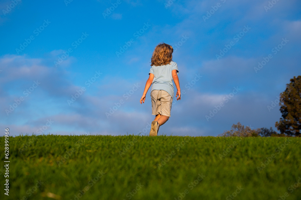Happy child boy runs around the green field, emotional walk on nature and happiness. Cute little boy having fun outdoors on blue sky. Happy child boy runs around the green field, emotional walk on nature and happiness. Cute little boy having fun outdoors on blue sky.