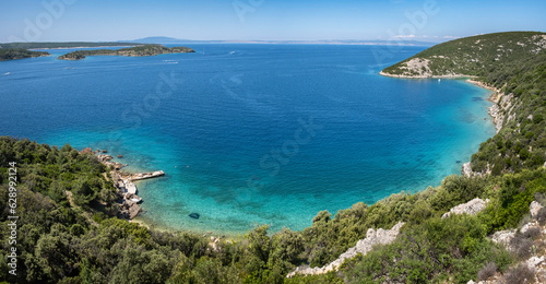 Panoramic view of the bay near town Lopar on island Rab with island Cres in the distance, Croatia © tynrud