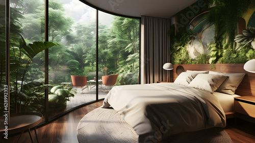 A luxurious and dreamy bedroom with floor-to-ceiling windows overlooking a lush and green forest