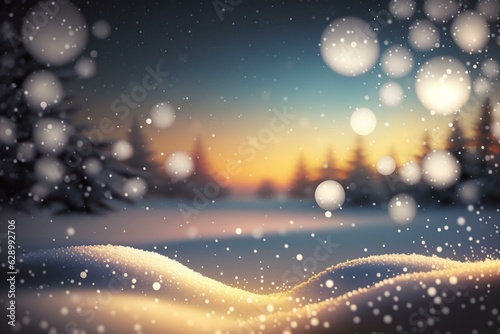 Illustration of snowy winter landscape under bokeh background. Generative AI © Joseph