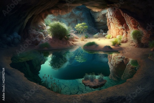 Underground pond in 3D-rendered cave. Generative AI