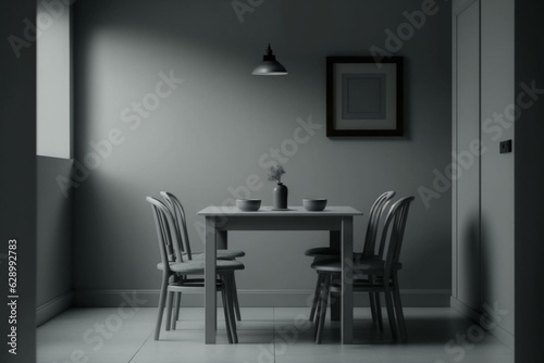 Empty grey dining room with table, chairs and plain wall. Generative AI © Houska
