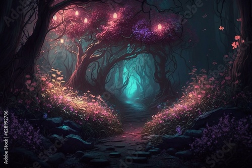 A magical forest lit by glowing flowers and lights in the darkness, with a fantasy atmosphere. Generated art. Generative AI