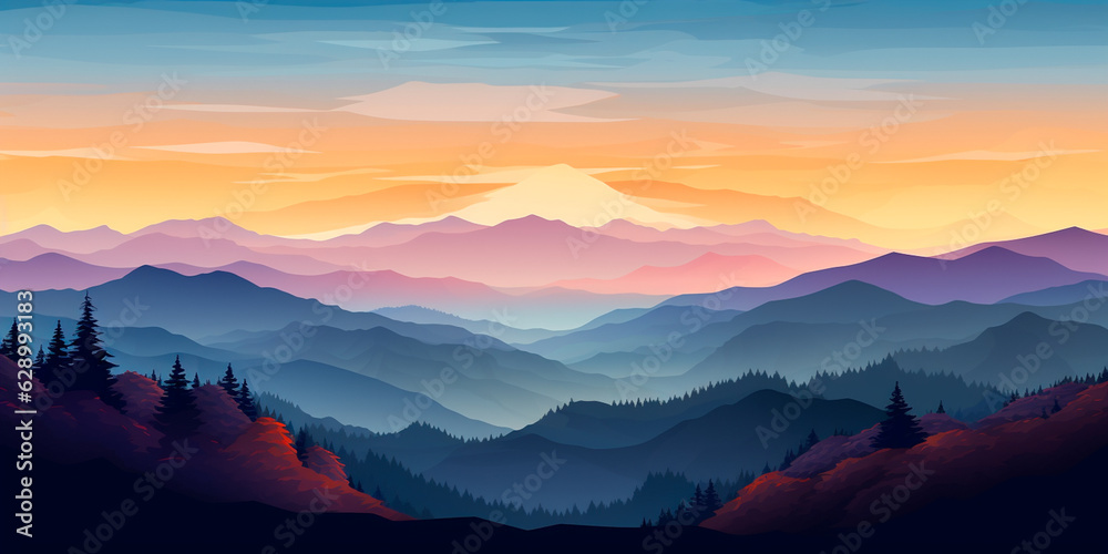 mountain landscape at sunset. Generative AI illustrator