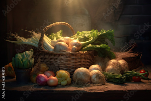 fresh organic vegetables and fruits in a nostalgic moody atmosphere