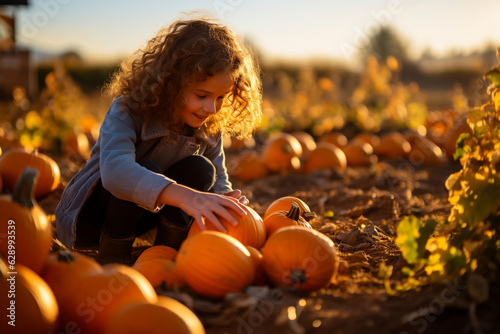 Obraz na plátne european child playing with pumpkins on pumpkin farm autumn fall halloween