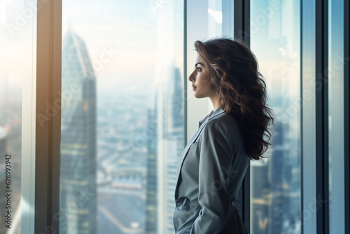 A determined businesswoman against cityscape high-rise window reflection with left-side copyspace