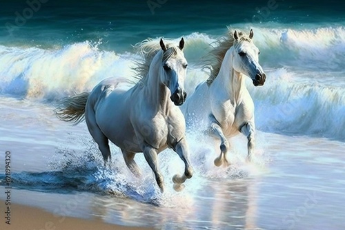 Arabian horses galloping majestically amidst waves on the beach. Generative AI