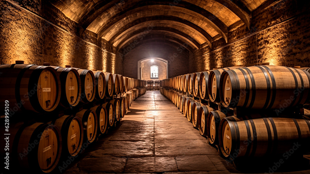 wine barrels with wine in the cellar of the winery. Generative AI illustrator