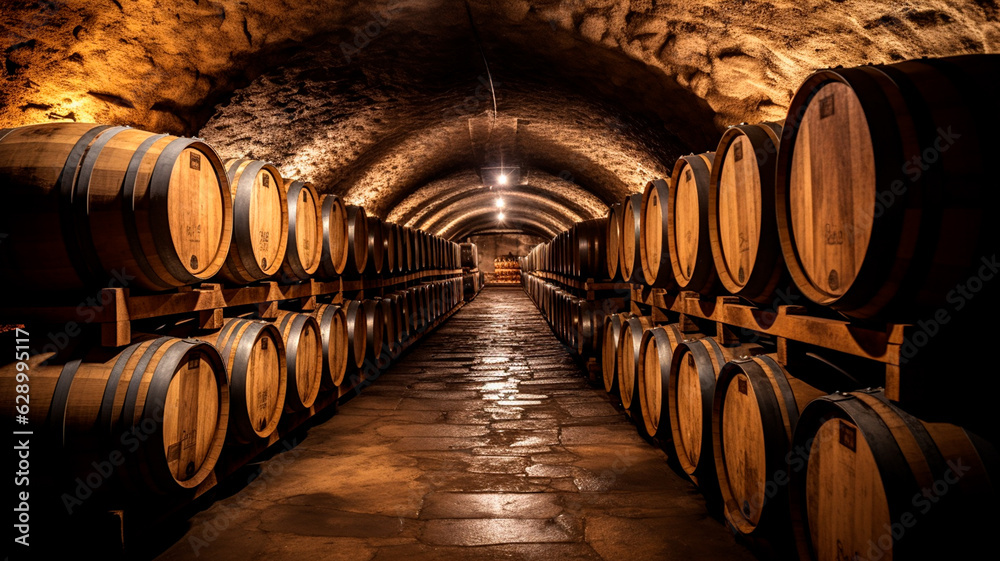 wine barrels with wine in the cellar of the winery. Generative AI illustrator
