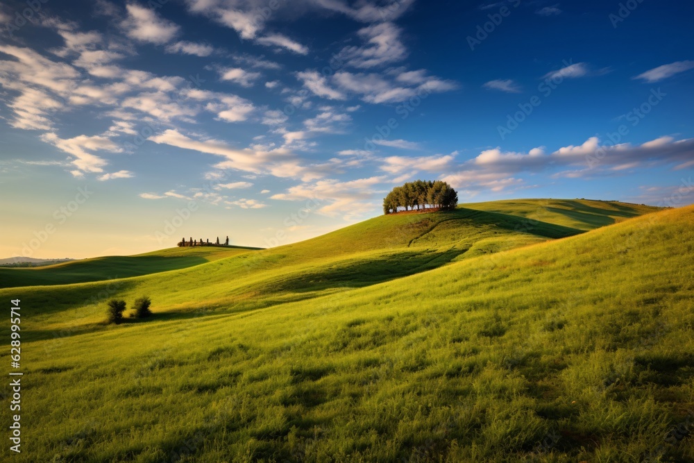 Fototapeta premium Idyllic landscape with fresh green meadows. Idyllic countryside.