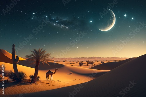 Night desert scene for Ramadan with camel  dune  crescent moon   stars. Generative AI