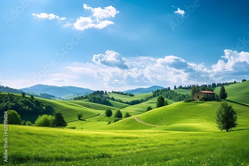 Idyllic landscape with fresh green meadows. Idyllic countryside.