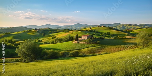 Idyllic landscape with fresh green meadows. Idyllic countryside.