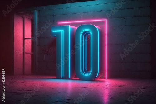 A pink-blue neon light 3D render with the number ten glowing in the dark. Generative AI