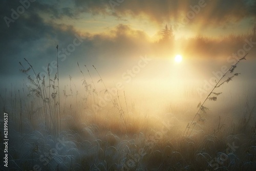 Sun emerging from clouds, fog spreads across the meadow. Generative AI