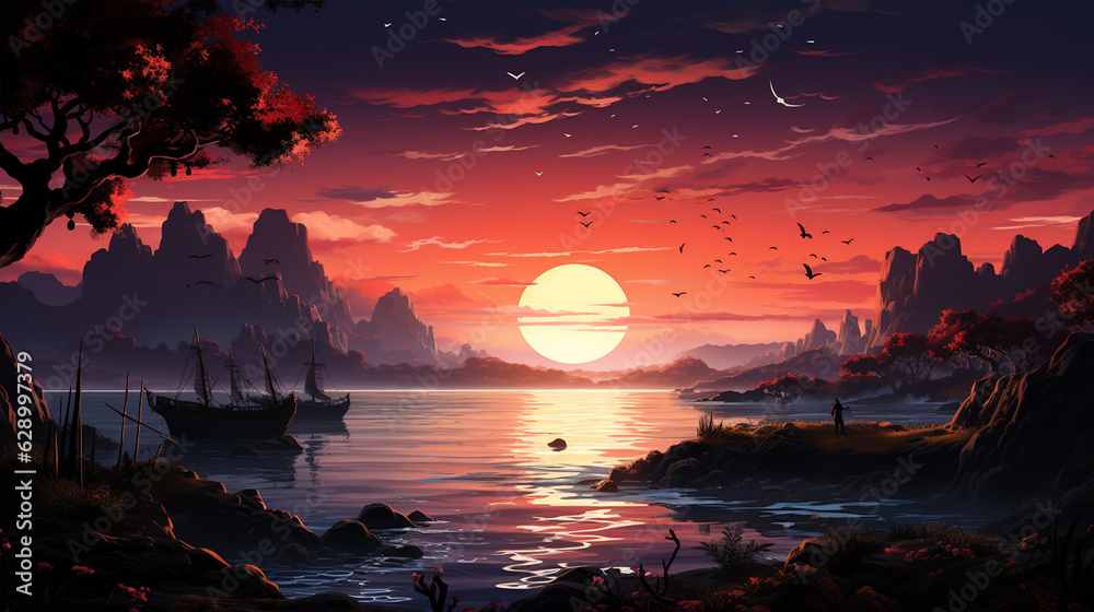 Glowing sunset over calm ocean, creating tranquil nature scene, generative ai