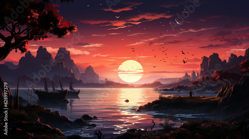 Glowing sunset over calm ocean  creating tranquil nature scene  generative ai