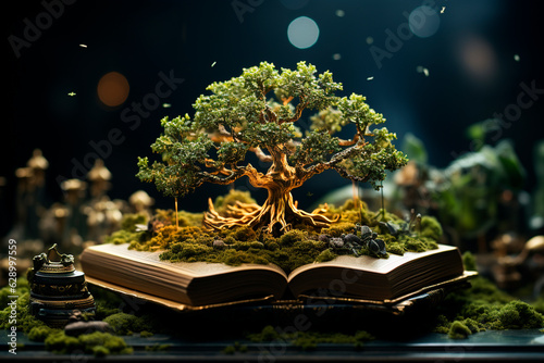 fantasy fairy tale. magic book with magic tree, fairy tale concept,portrait of cute fluffy dog