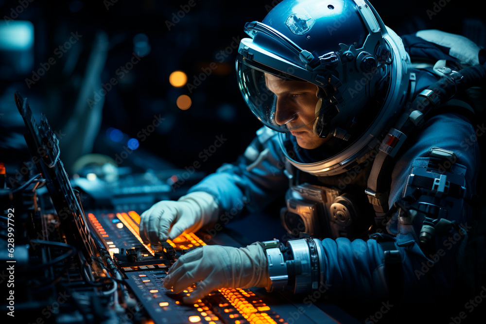 young man sitting at the computer with fire in the background.Generative AI young man sitting at the computer with fire in the background.Generative AI