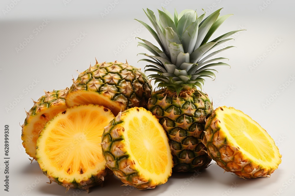 Pineapple half and whole with leaves isolated on white background