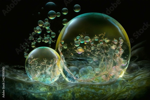 Illuminated water and soap bubbles. Generative AI