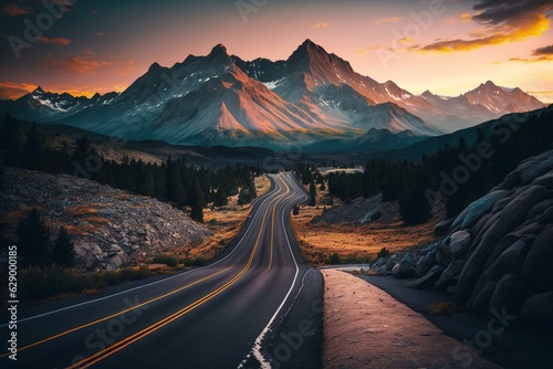 A stunning view of a US highway surrounded by colourful rocky mountains at sunrise in Montana. Generative AI