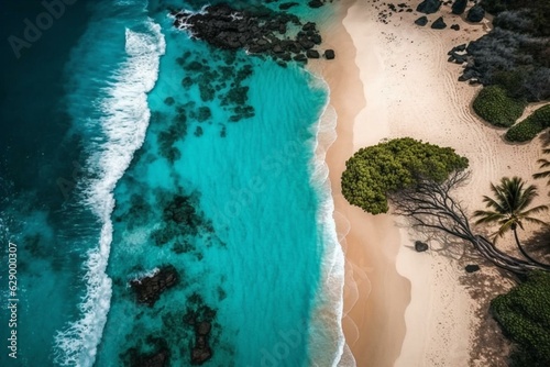 Aerial view of a stunning white sand beach and blue ocean on Hawaii island, paradise for holidays. Generative AI