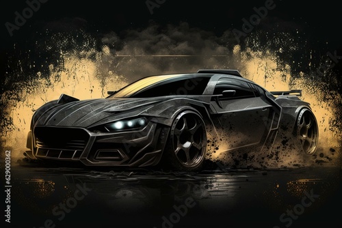 Sleek futuristic sports car in black with grunge overlay, portrayed in a 3D illustration. Generative AI © Joseph
