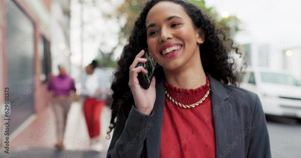 Phone call, city and business woman travel or commute to work talking on a mobile conversation and happy outdoor. Corporate, town and employee or worker walking and in discussion for communication Phone call, city and business woman travel or commute to work talking on a mobile conversation and happy outdoor. Corporate, town and employee or worker walking and in discussion for communication
