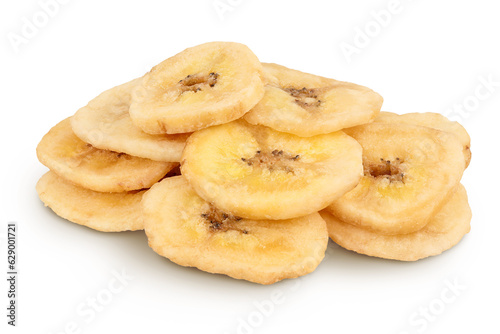 Dried banana chips isolated on white background with full depth of field