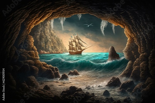 Detailed caravel on sea outside cave, waves hitting rocks. Atmospheric view. Generative AI