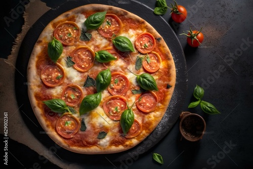 Pizza with smoked tomato and basil on black table. Keywords: pizza, smoked, tomato, basil, table, black, food, Italian, cuisine, savory. Generative AI