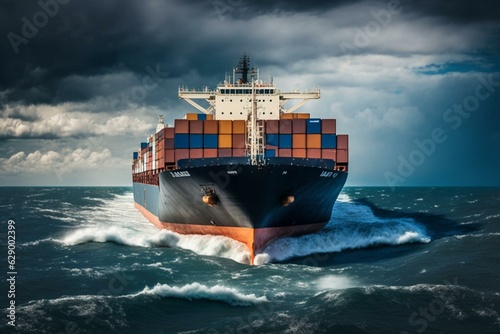 Container cargo vessel involved in import/export trading and shipment logistics on the high seas. Generative AI