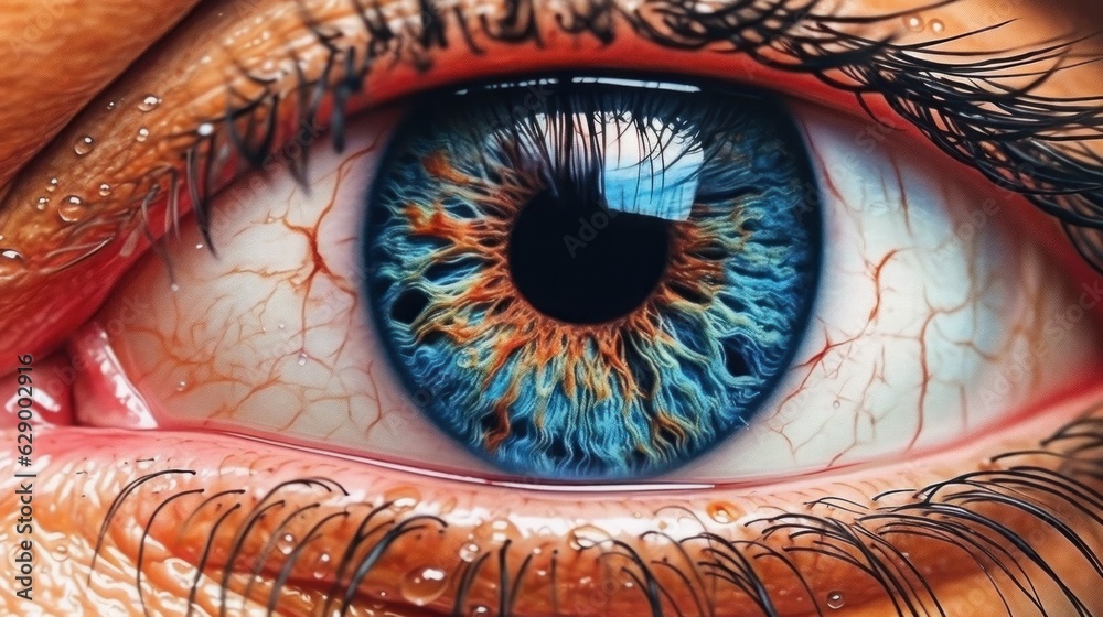 Close Up View of Beautiful Blue Female Eye. Realistic Woman Eye. Iris. Eyeball. 
