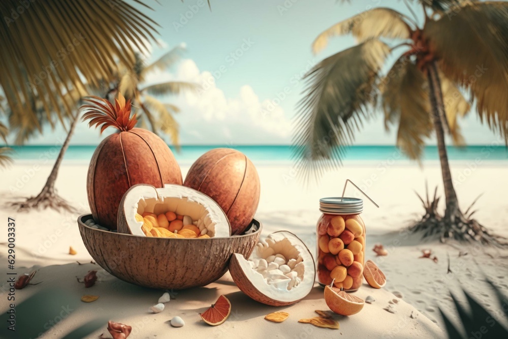 A beach with tropical vibe, coconuts, and fruits spread on the sand. Generative AI