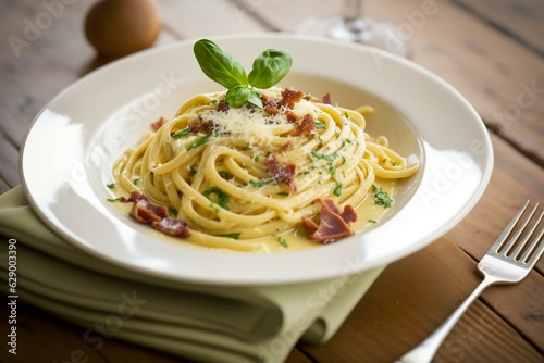 Carbonara pasta dish plated in restaurant. Generative AI