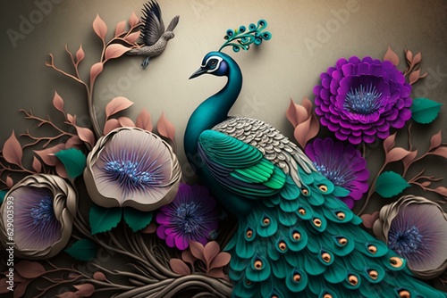 3D floral wallpaper with a peacock and butterfly on an abstract background. Generative AI © Meliora