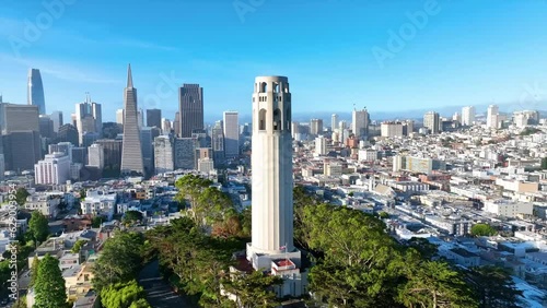 360 orbit around Coit Tower at gorgeous sunset in San Francisco California photo